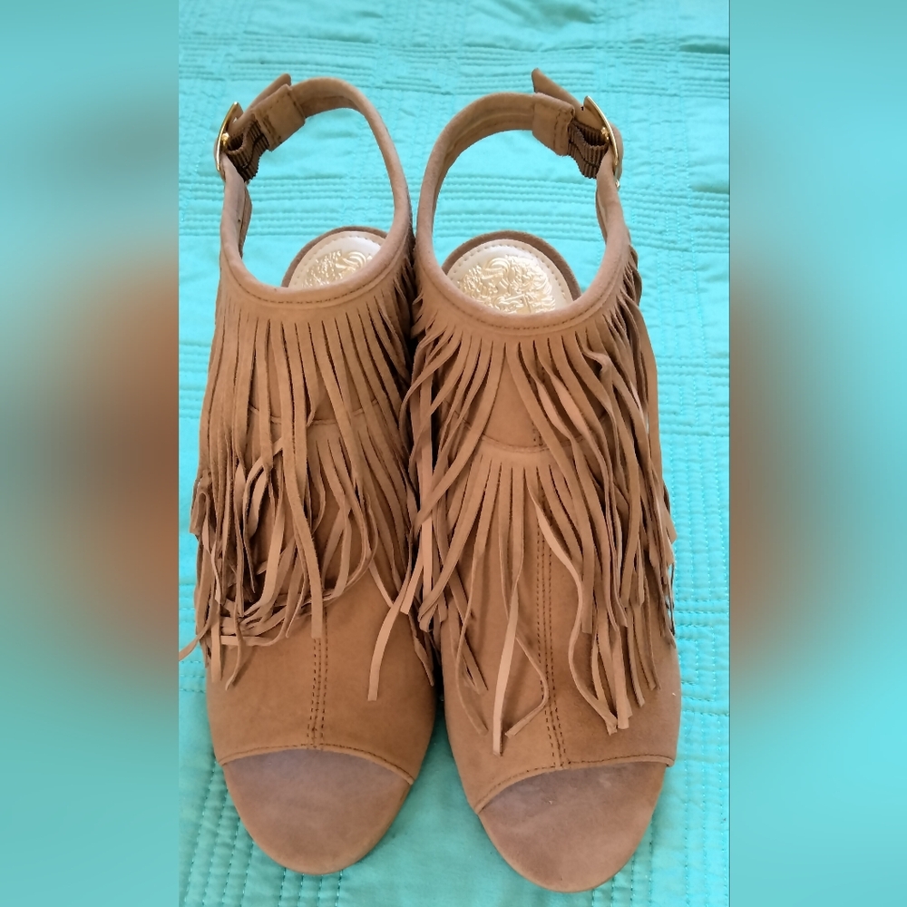 Vince Camuto "Winiveer" Fringe Suede Open-Toe Slingback Heels - Tan